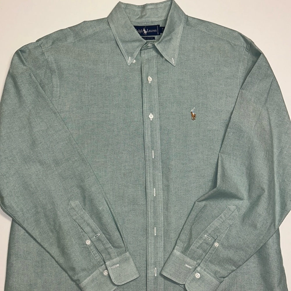 Men’s Ralph Lauren 100% cotton button-down green size 17–34. Excellent condition